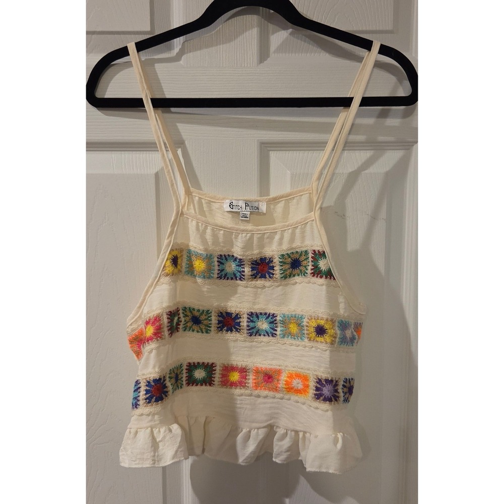 Stitch Fusion Crochet Granny Square Embroidered Ruffle Cami‎ Tank Top L Boho
